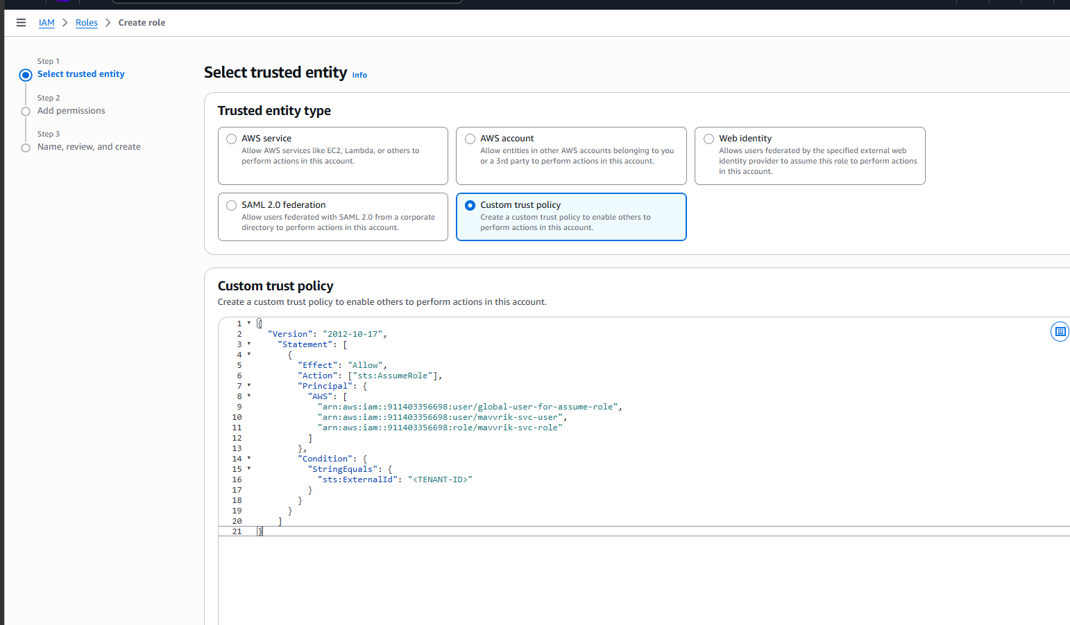 Paste the custom trust policy JSON
