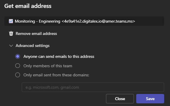 Paste the Teams channel email into Mavvrik