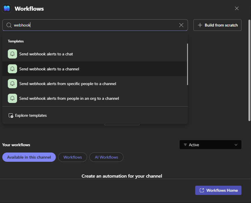 Start creating a Teams webhook workflow