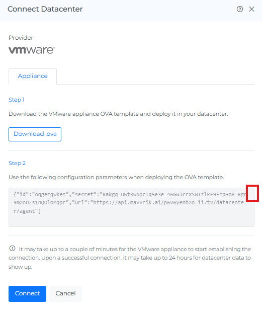 Copy the VMware appliance configuration JSON