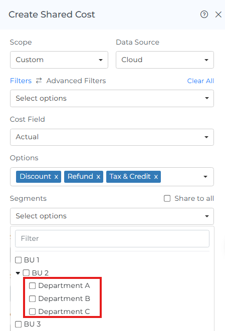 Split shared cost across selected segments