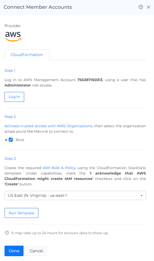 Run the onboarding template in the selected AWS region